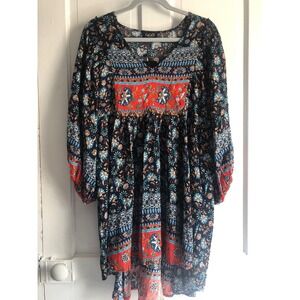 GiGiO Boho Floral Border Print Babydoll Mini Dress Navy Orange V-Neck Medium NWT